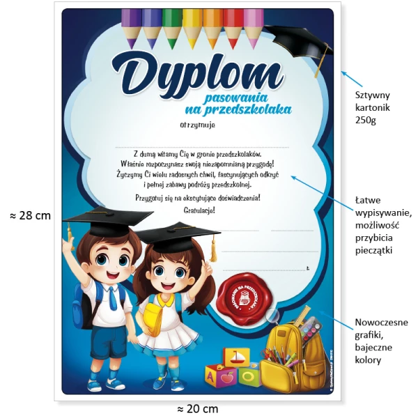 Zestaw Pasowanie na Przedszkolaka (Dyplom, Biret, Wesoły Ołówek, Zakładka)