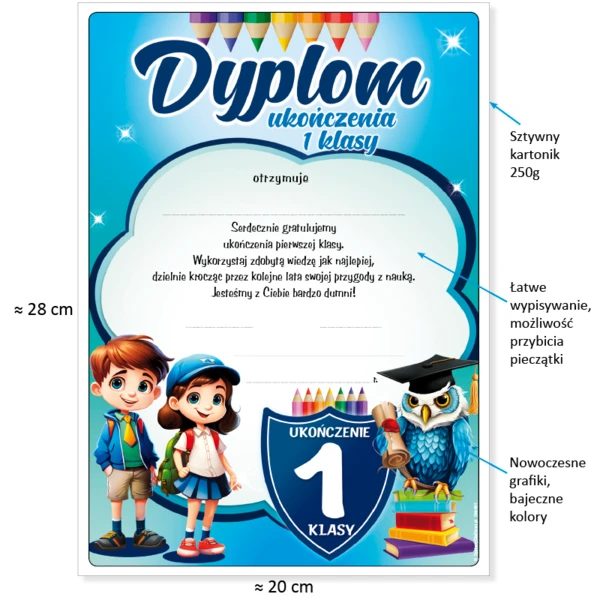 Zestaw Ukończenie 1 Klasy (Dyplom, Biret, Wesoły Ołówek, Zakładka)