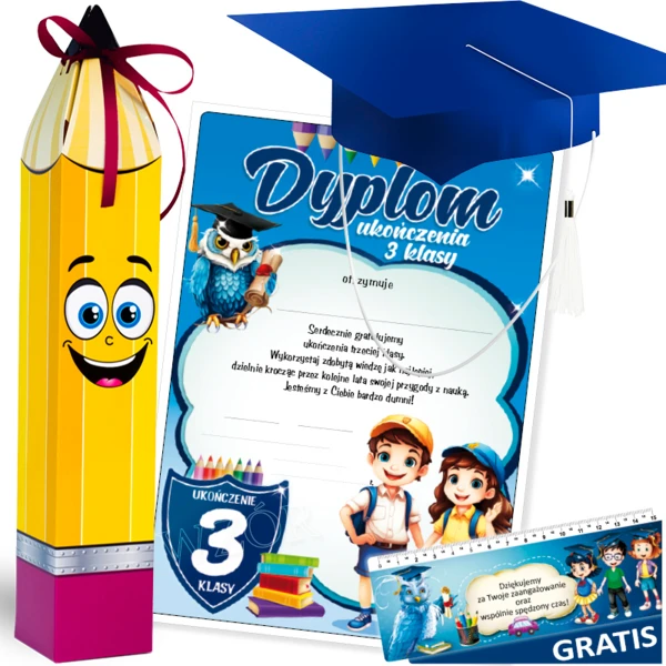 Zestaw Ukończenie 3 Klasy (Dyplom, Biret, Wesoły Ołówek, Zakładka)