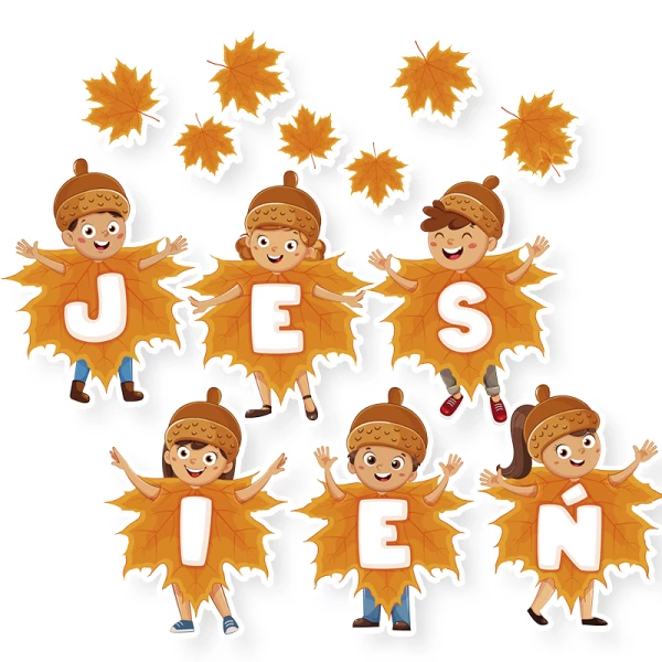 Napis „Jesień” – dzieci w liściach
