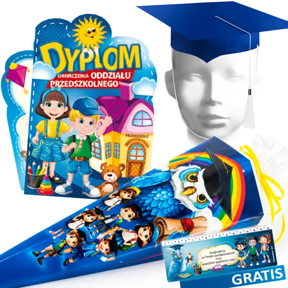 Zestaw Ukończenie Oddziału Przedszkolnego (Dyplom, Biret, Rożek Obfitości 60 cm, Zakładka)