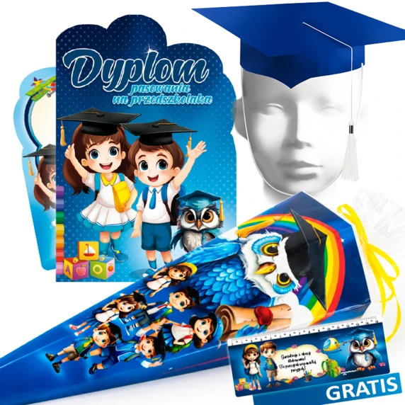 Zestaw Pasowanie na Przedszkolaka (Dyplom, Biret, Rożek Obfitości 60 cm, Zakładka)