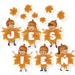 Napis „Jesień” – dzieci w liściach
