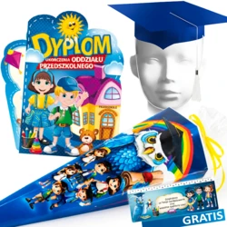 Zestaw Ukończenie Oddziału Przedszkolnego (Dyplom, Biret, Rożek Obfitości 60 cm, Zakładka)