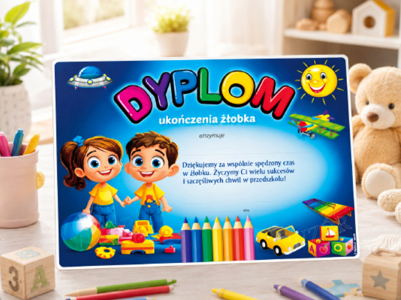 Dyplom Mini-75 ukończenia żłobka Dyplom Mini-75 to najtańszy wzór na rynku. Pomimo tego zaskakuje intensywnością nadruku, jest po prostu śliczny!