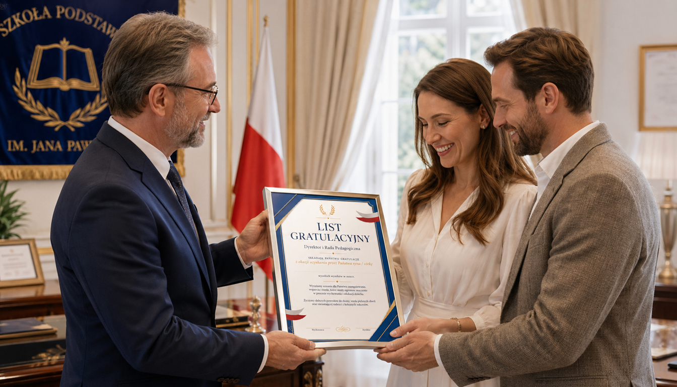 List gratulacyjny dla rodziców za wyniki ucznia w nauce Dyrektor wręcza rodzicom list gratulacyjny za wysokie wyniki dziecka w nauce