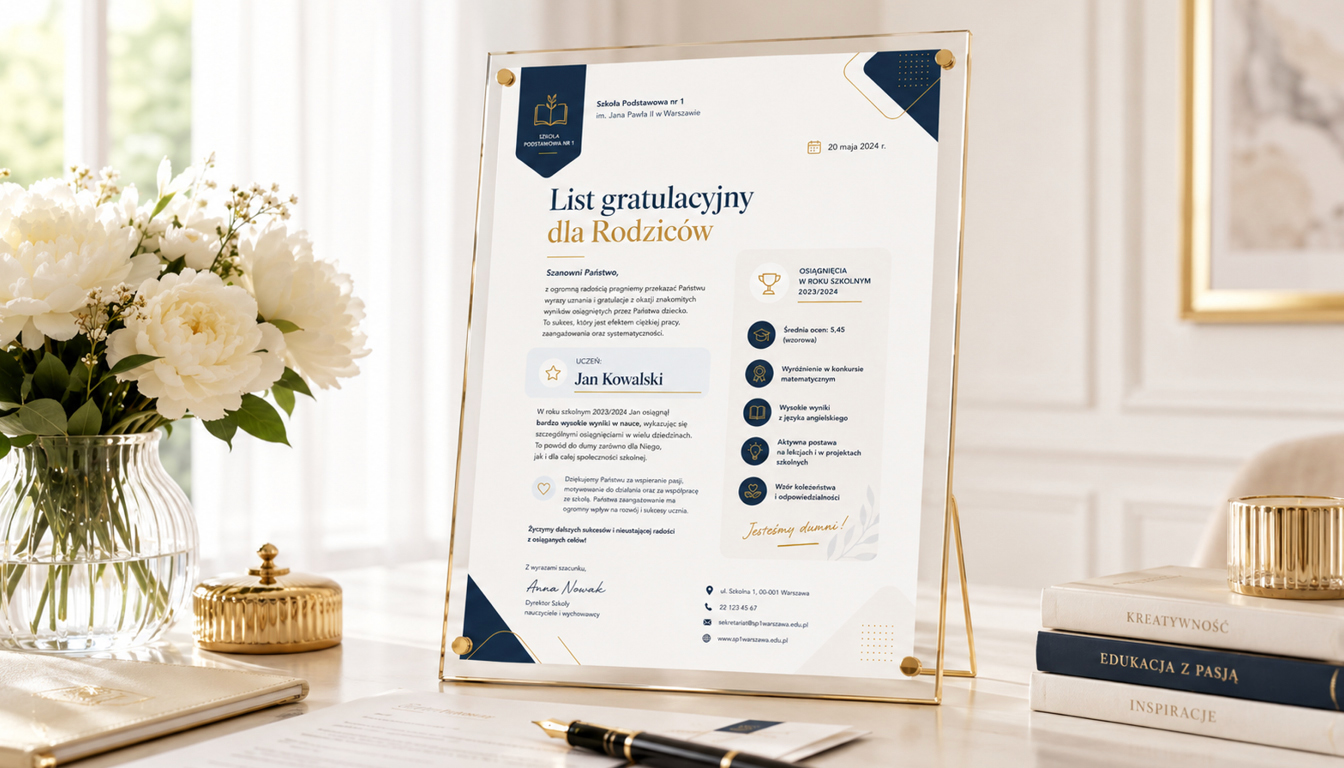 Indywidualny list gratulacyjny z logo szkoły – projekt Dyplomy.pl Indywidualny list gratulacyjny dla szkoły z logo, personalizowaną treścią i eleganckim projektem