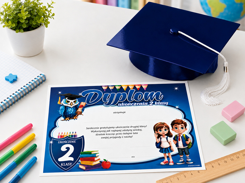 Prezenty na ukończenie 2 klasy — zestaw z biretem i dyplomem Mini607