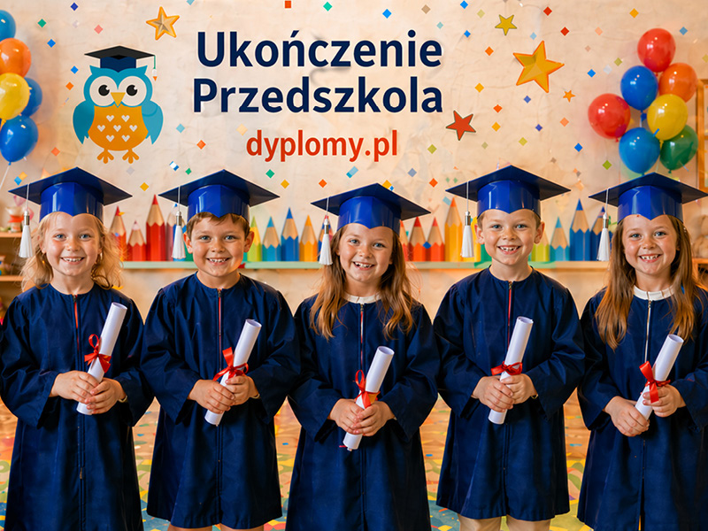 Przedszkolaki w biretach z dyplomami na zakończenie roku