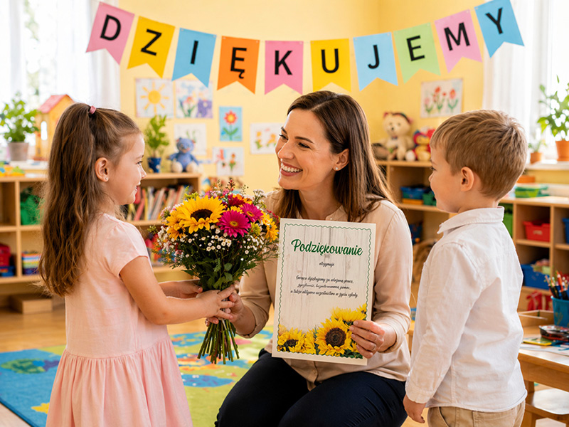 Dzieci wręczają kwiaty i dyplom nauczycielce w przedszkolu