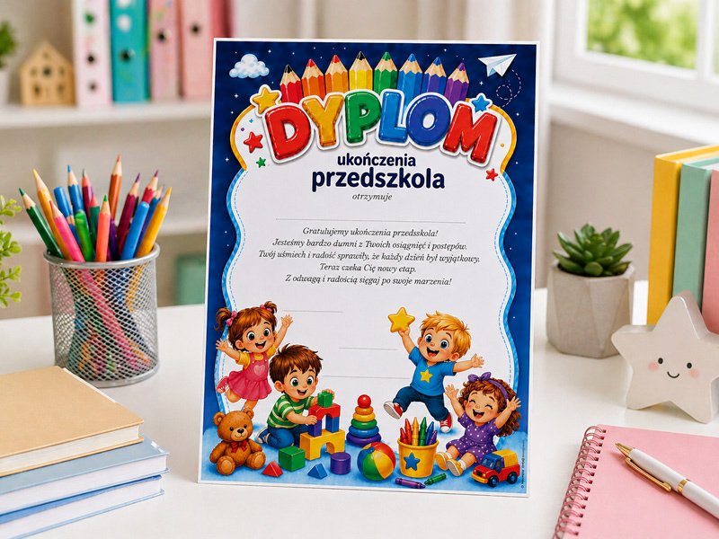 Dyplom ukończenia przedszkola DP222 - kolorowy wzór dla dzieci z możliwością personalizacji