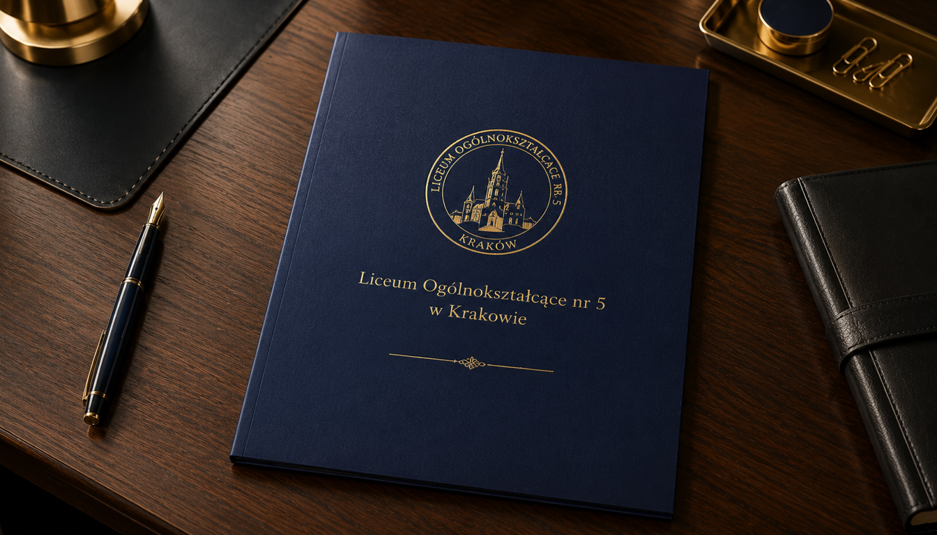 Teczki szkolne introligatorskie z twardą oprawą, złoceniem nazwy szkoły i logotypu